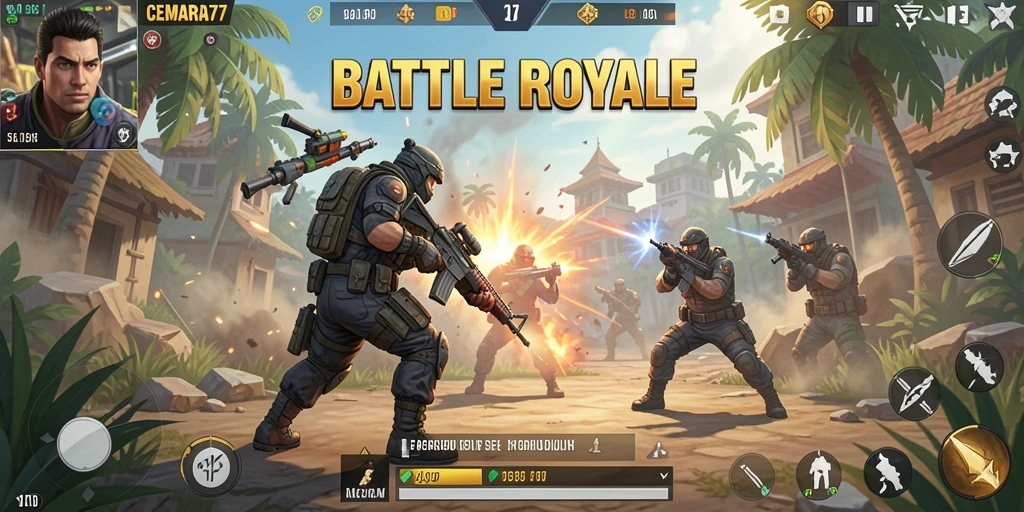 Tangkapan layar menunjukkan aksi seru dalam game Battle Royale.