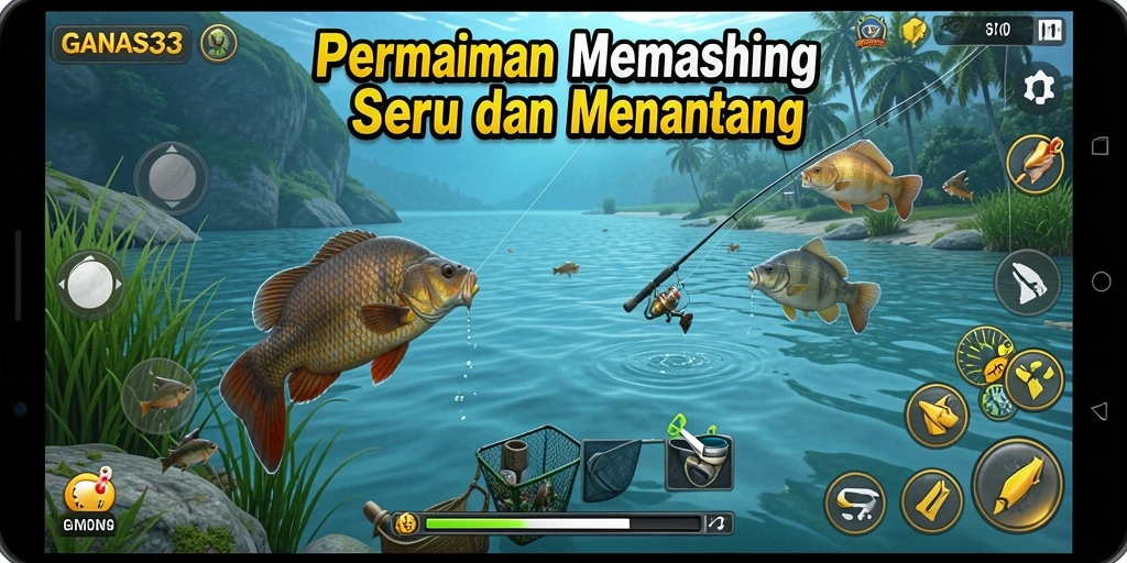 Screenshot dari gameplay <strong>GANAS33</strong> yang menampilkan aksi memancing yang seru.