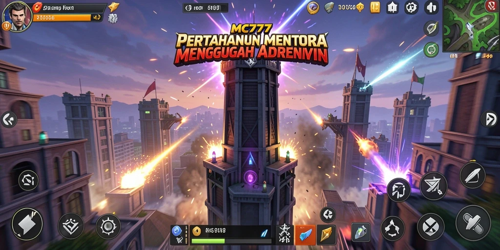 Screenshot gameplay MC777 menampilkan serangan menara yang intens dan strategi pertahanan.